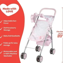 Adora - Carrinho de boneca com coração rosa pastel com sombra de guarda-chuva e acabamento com babados Online