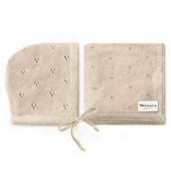 Bleu La La - 100% Organic Cotton Luxury Organic Blanket + Bonnet Hat Set, Beige New