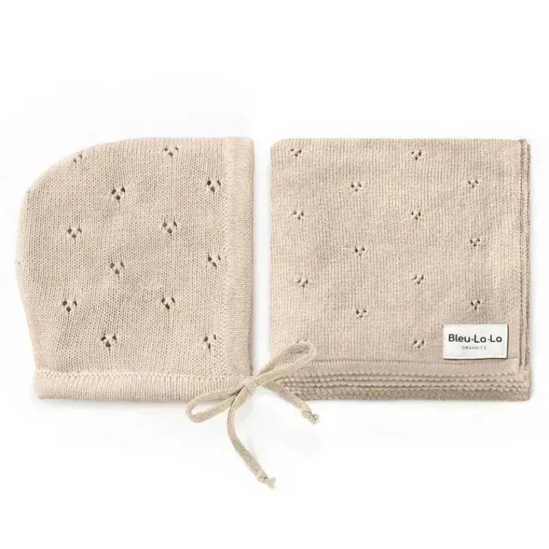 bleu_la_la___organic_cott_SKUD1giF2hf_0.webp Bleu La La - 100% Organic Cotton Luxury Organic Blanket + Bonnet Hat Set, Beige New