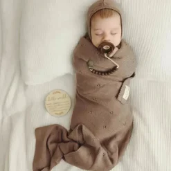 Bleu La La - 100% Organic Cotton Luxury Organic Blanket + Bonnet Hat Set, Beige New