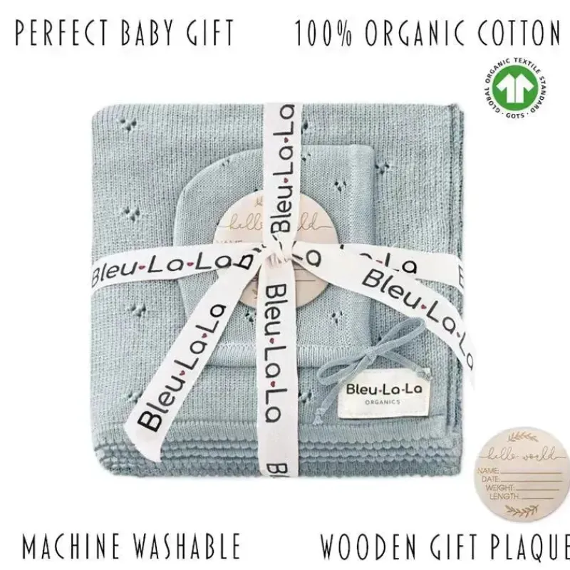 bleu_la_la___organic_cott_SKUhyj9EYIJ_2.webp Bleu La La - 100% Organic Cotton Luxury Organic Blanket + Bonnet Hat Set, Blue Outlet