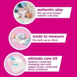 Casdon Toys Casdon - Kit de cuidados definitivos para bonecas com trocador almofadado arco-íris, fralda, escova, pente e recipientes - maiores de 3 anos Sale