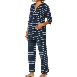 Everly Grey – Conjunto de calça PJ de maternidade e amamentação para mamãe e bebê, listra azul marinho, pequeno New