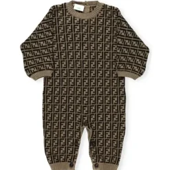 Fendi Baby – Macacão de algodão tabaco e caxemira Onesie Allover, 1M Clearance