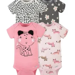Gerber - Macacão de Manga Curta para Bebê 4Pk - Menina Leopardo Clearance