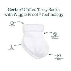 Gerber - 6Pk Terry Wiggle Proof Meias, 0/3M, Branco Fashion