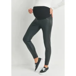 Hello Miz - Faux Leather Maternity Over The Bump Leggings, Black Clearance