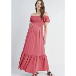 Hello Miz - Off The Shoulder Maternity Ruffled Maxi Dress, Dark Rose Hot