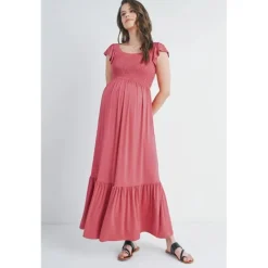 Hello Miz - Off The Shoulder Maternity Ruffled Maxi Dress, Dark Rose Hot