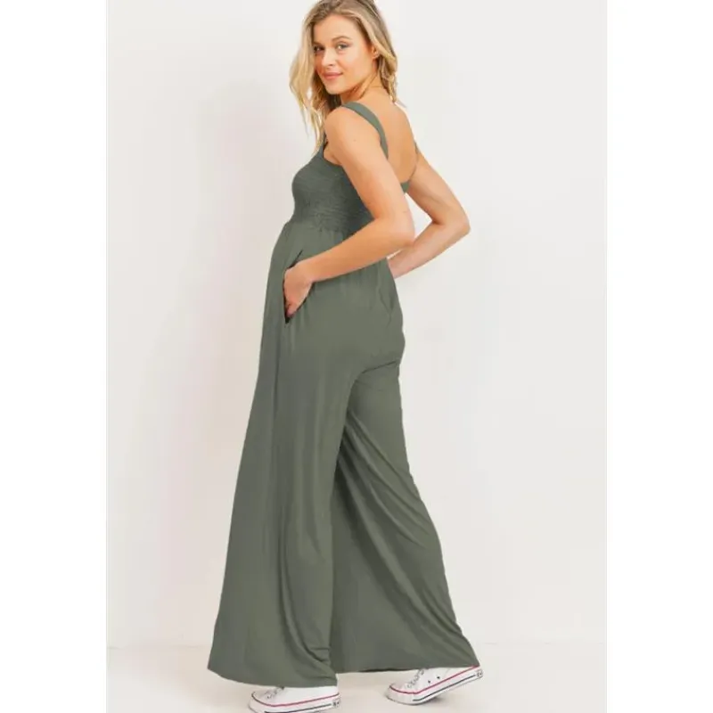 hello_miz__sleeveless_smo_SKUnkT3nFuc_1.webp Hello Miz - Sleeveless Smocked Maternity Wideleg Jumpsuit, Olive Fashion