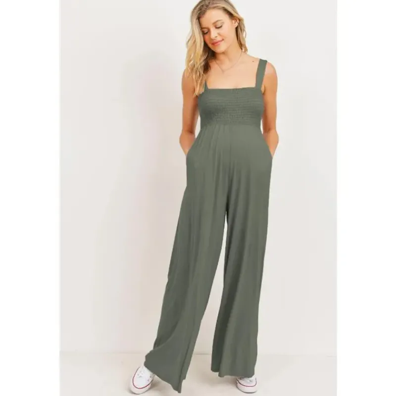 hello_miz__sleeveless_smo_SKUnkT3nFuc_2.webp Hello Miz - Sleeveless Smocked Maternity Wideleg Jumpsuit, Olive Fashion