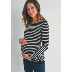 Hello Miz - Striped Button Trim Long Sleeve Maternity Top, Black New