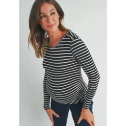 Hello Miz - Striped Button Trim Long Sleeve Maternity Top, Black New