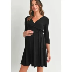 Hello Miz - Surplice Quarter Sleeve Nursing Waist Tie Dress, Black Hot