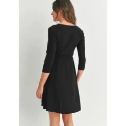 Hello Miz - Surplice Quarter Sleeve Nursing Waist Tie Dress, Black Hot