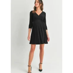 Hello Miz - Surplice Quarter Sleeve Nursing Waist Tie Dress, Black Hot