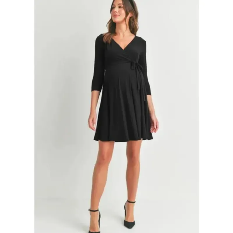 hello_miz__surplice_quart_SKU3Abq4I5r_2.webp Hello Miz - Surplice Quarter Sleeve Nursing Waist Tie Dress, Black Hot