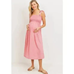 Hello Miz - Vestido Midi Maternidade Smocked com Ombro e Gravata, Rosa Discount