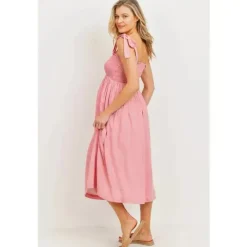 Hello Miz - Vestido Midi Maternidade Smocked com Ombro e Gravata, Rosa Discount