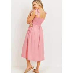 Hello Miz - Vestido Midi Maternidade Smocked com Ombro e Gravata, Rosa Discount