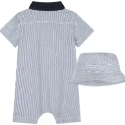 Hugo Boss Baby - Conjunto de algodão listrado tudo em um e chapéu, azul Hot