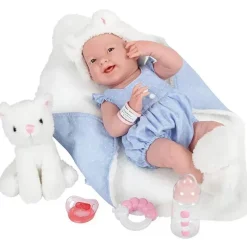 JC Toys La Newborn 15 todo em vinil em macacão azul/tema de gato branco com amigo animal Clearance