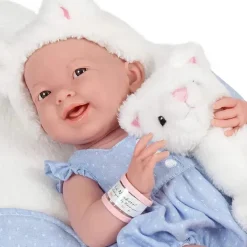 JC Toys La Newborn 15 todo em vinil em macacão azul/tema de gato branco com amigo animal Clearance