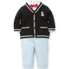 Little Me Signature Luxury Collection Baby Boys Puppy Cardigan Set 3 peças, suéter, calça e gravata borboleta, azul marinho/claro Discount