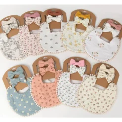 Little Trendy - Baby Floral Cotton Waterproofer Bib And Bows Headband Set, Color 4 Clearance