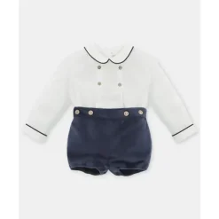 Martin Aranda - Baby Boy Set Shirt & Boys Shorts With Suspenders Velour Dark Blue Hot