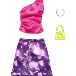 Fisher-Price Mattel - Pacote de roupas de boneca Barbie Fashion, conjunto completo com blusa rosa e saia roxa Sale