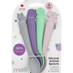 Melii - colheres 100% silicone, alimentação para bebês e crianças pequenas, sem BPA, conjunto de 4 peças, cachorro, gato, unicórnio e dinossauro Clearance