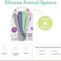 Melii - colheres 100% silicone, alimentação para bebês e crianças pequenas, sem BPA, conjunto de 4 peças, cachorro, gato, unicórnio e dinossauro Clearance