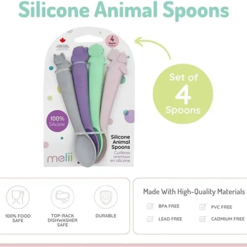 melii__colheres__silicone_SKUgtouXcvj_1.webp Melii - colheres 100% silicone, alimentação para bebês e crianças pequenas, sem BPA, conjunto de 4 peças, cachorro, gato, unicórnio e dinossauro Clearance