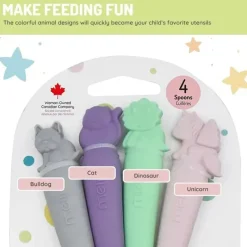 Melii - colheres 100% silicone, alimentação para bebês e crianças pequenas, sem BPA, conjunto de 4 peças, cachorro, gato, unicórnio e dinossauro Clearance