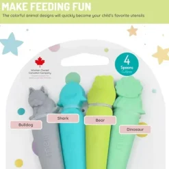 Melii - colheres 100% silicone, alimentação para bebês e crianças pequenas, sem BPA, conjunto de 4 peças, tubarão, dinossauro, buldogue e urso Online