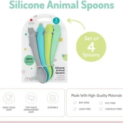 Melii - colheres 100% silicone, alimentação para bebês e crianças pequenas, sem BPA, conjunto de 4 peças, tubarão, dinossauro, buldogue e urso Online