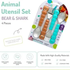 Melii - conjunto de colher e garfo para alimentação infantil e infantil 4 unidades, tubarão e urso Outlet