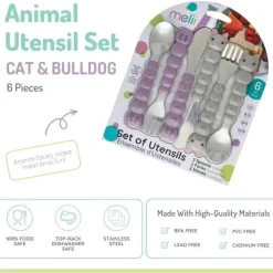 Melii - conjunto de garfo e faca para alimentação de crianças e crianças 6 unidades, gato e buldogue New