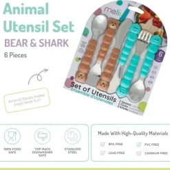 Melii - conjunto de garfo e faca para alimentação de crianças e crianças 6 unidades, urso e tubarão Sale