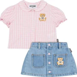 Moschino Baby - Girl Short Sleeve Gingham Blouse Bear Patch Denim Skirt Clearance