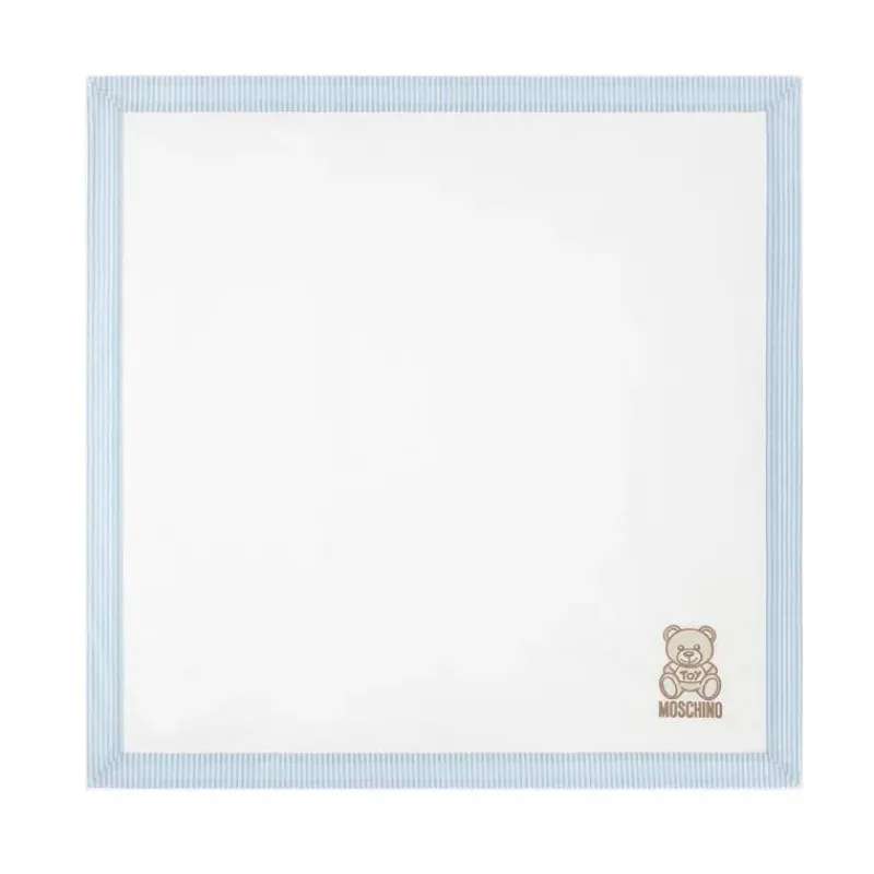 moschino_baby__popeline_s_SKUQqDgo1lL_0.webp Moschino Baby - Popeline Striped Blanket With Bear Embroidery, Light Blue Fashion