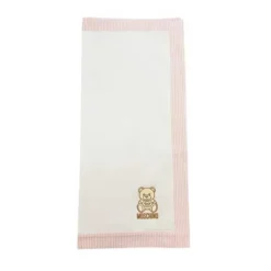 Moschino Baby - Popeline Striped Blanket With Bear Embroidery, Light Pink Hot
