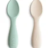 Mushie - colheres de silicone para crianças pequenas, pacote com 2, Cambridge Blue/Shifting Sand Hot