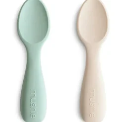 Mushie - colheres de silicone para crianças pequenas, pacote com 2, Cambridge Blue/Shifting Sand Hot