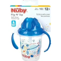 Nuby - Blue Tritan 2 alças anti-derramamento Flip-it Copo estampado de canudo, 8 onças Hot
