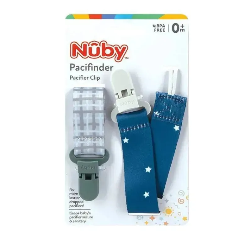 nuby__boy_pk_suporte_de_c_SKUsg7sc4tU_1.webp Nuby - Boy 2Pk suporte de clipe de chupeta de tecido impresso com clipe de plástico, xadrez cinza/estrelas azuis Discount