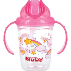 Nuby - Copo estampado de canudo com 2 alças, sem derramamento, Flip-it, tritan rosa, 8 onças Hot