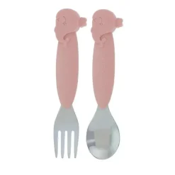 Nuby - Garfo e colher de baleia de silicone/aço inoxidável, rosa Discount