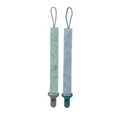 Nuby - 2Pk suporte para clipe de chupeta de tecido estampado para meninos com clipe de plástico, pontos azuis/verde Dino Discount
